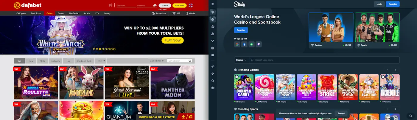 Dafabet and Stake Casinos Screenshot